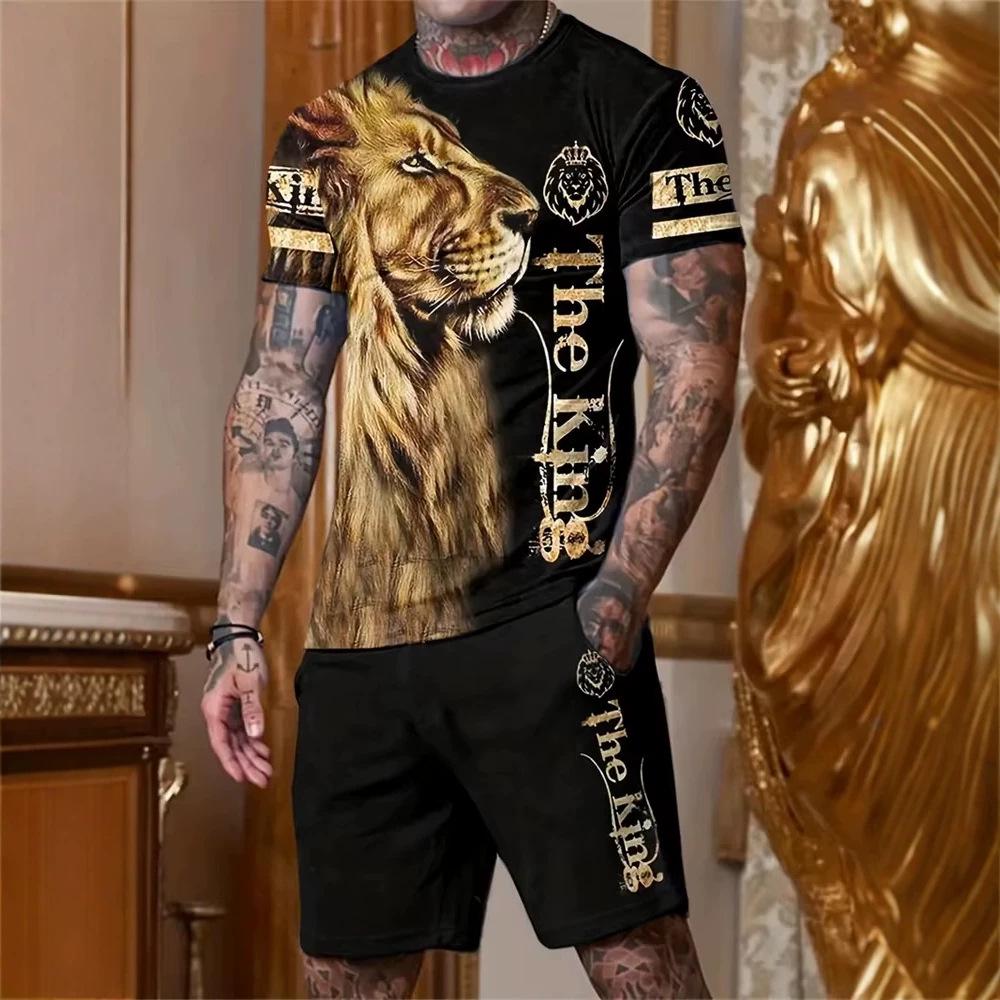 3D Printed Lion Round Neck Short Sleeve Suit - Trendy Brand