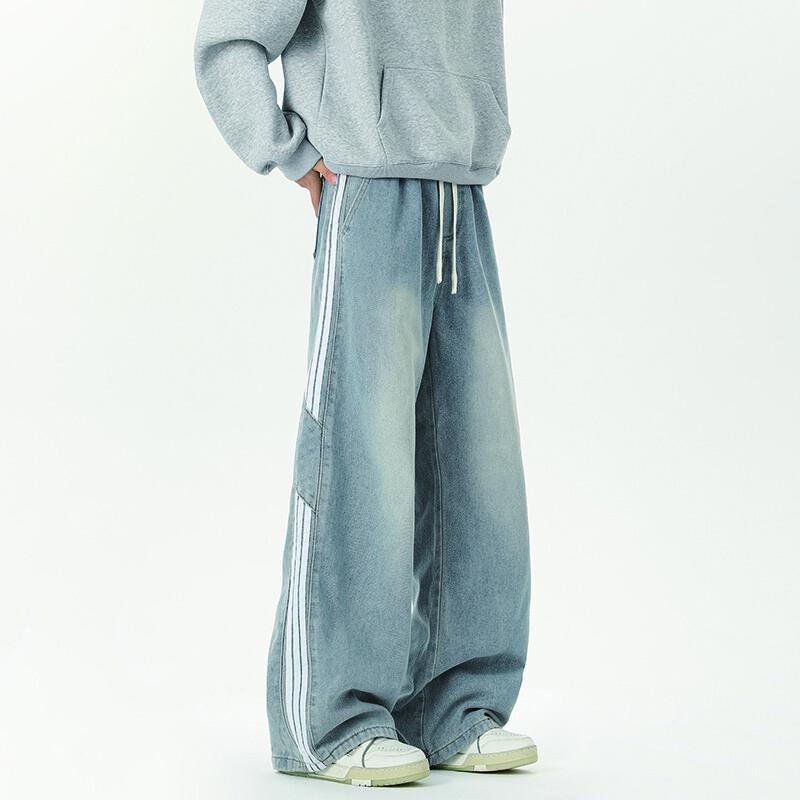 Men's American Retro Striped Wide-Leg Jeans