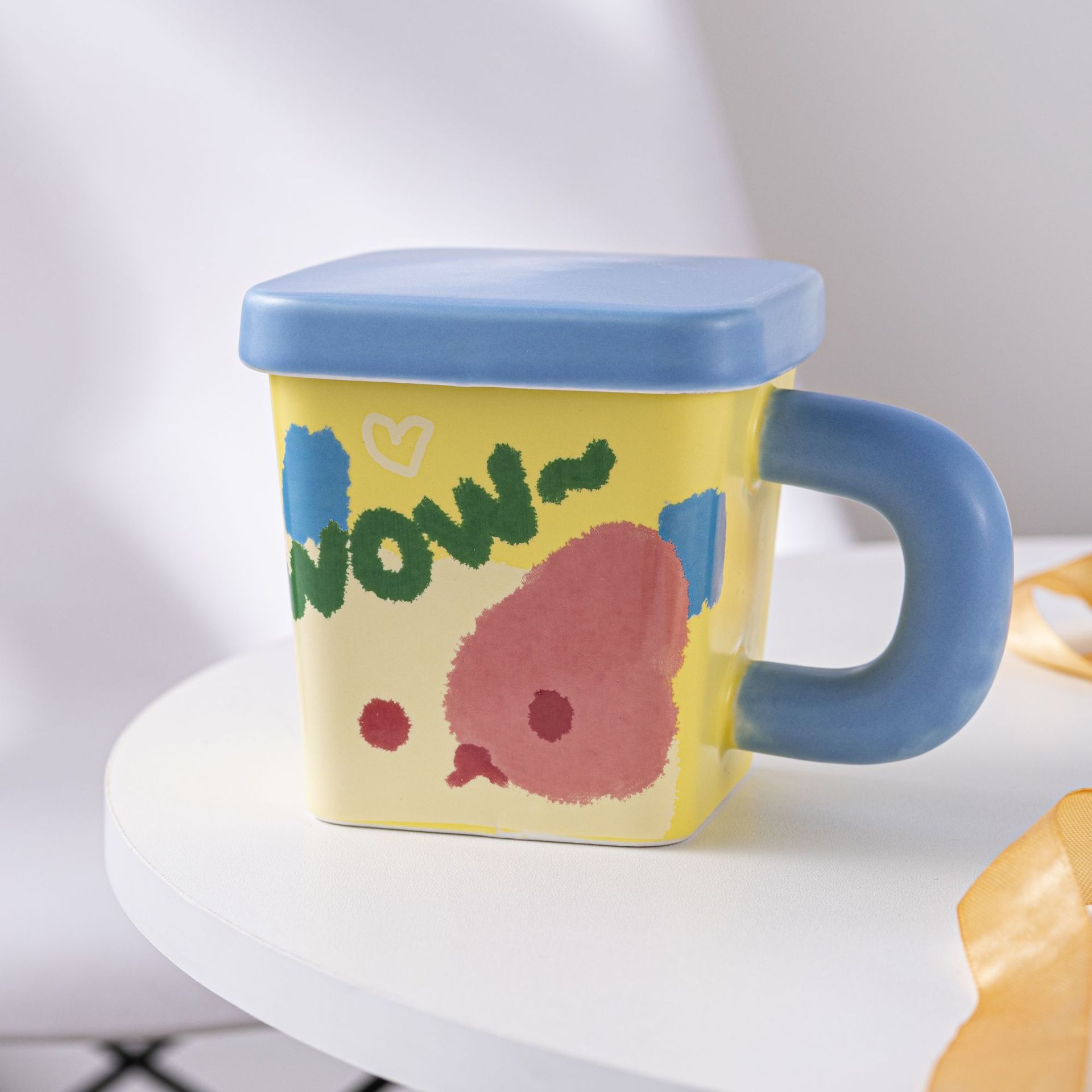 

Dopamine Cartoon Ceramic Cup Ins Style High Value Girl Coffee Cup Student Water Cup Creative Square Cup with Lid 470m l