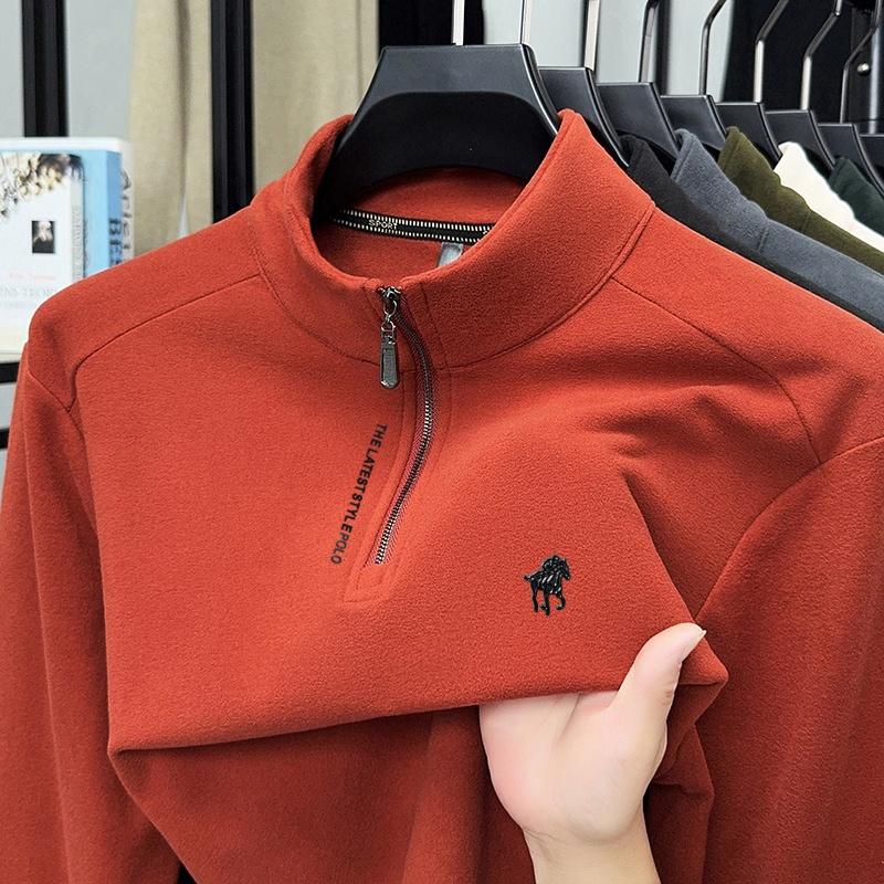 Men's Semi High Neck Zipper Long Sleeve T-Shirt Winter Solid Color Print Warm Fashion Casual Commute Men'swear
