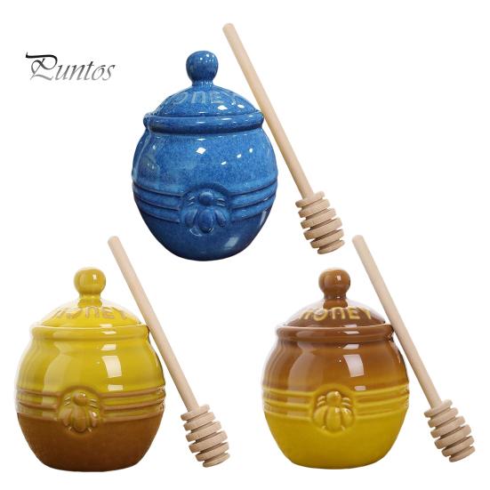 350ml Ceramic Honey Jar Farmhouse Honey Pot with Wood Honey Dipper Stick Retro Honey Dispenser Kitchen Decor for Mother's Day Wife Gift