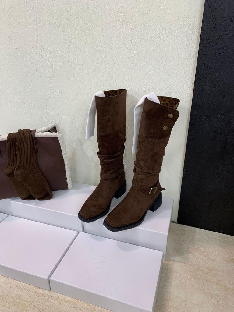 Coarse heel French retro square head western cowboy boots women's 2025 new tall stacking boots