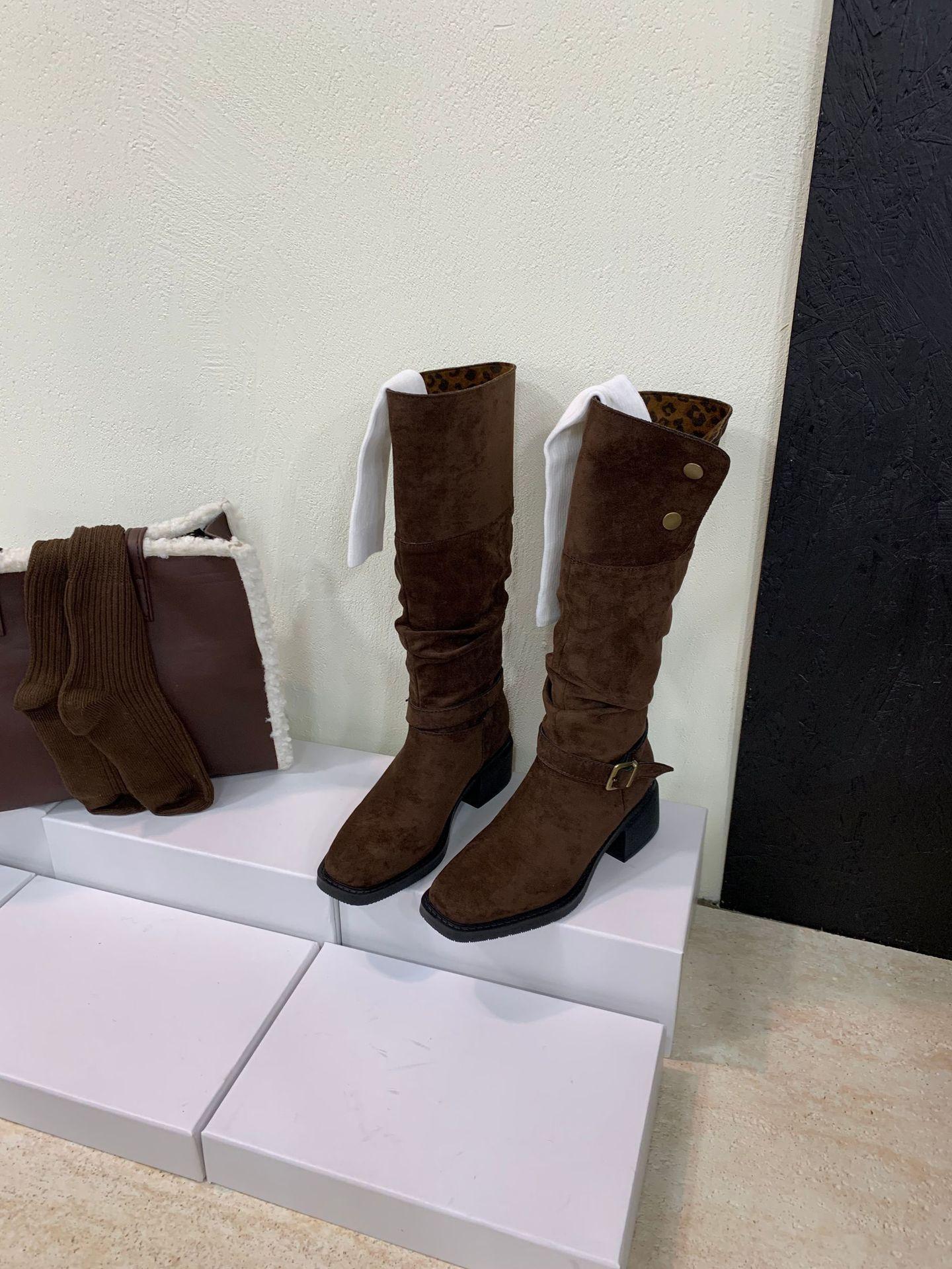 

Coarse heel French retro square head western cowboy boots women s 2025 new tall stacking boots 39 коричневий