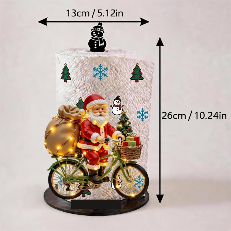 Clear Acrylic Santa Riding a Bike Paper Towel Stand, Integrated No-Assembly Construction with Colorful Christmas Artwork for Dining Tables and Party