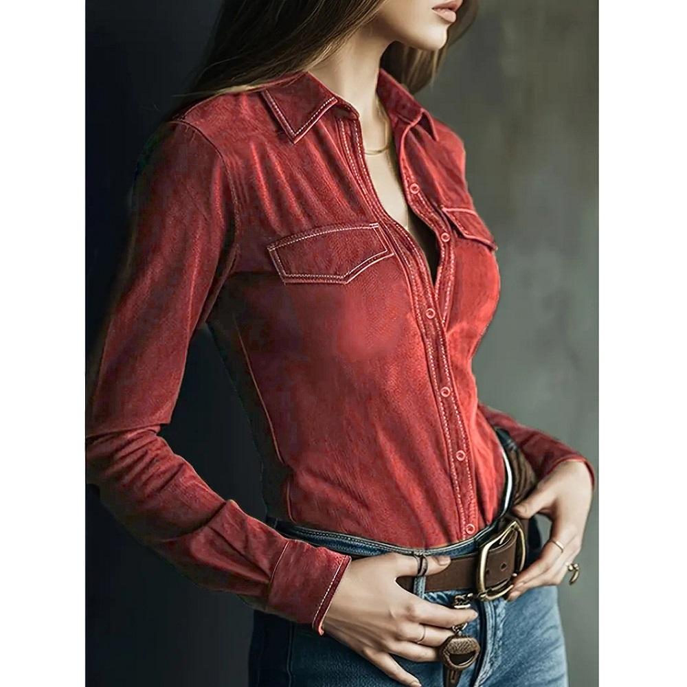 

Women Autumn Long Sleeve Velvet Blouses and Shirts Ladies Winter Basic Single Button Shirt Tops XXL красный