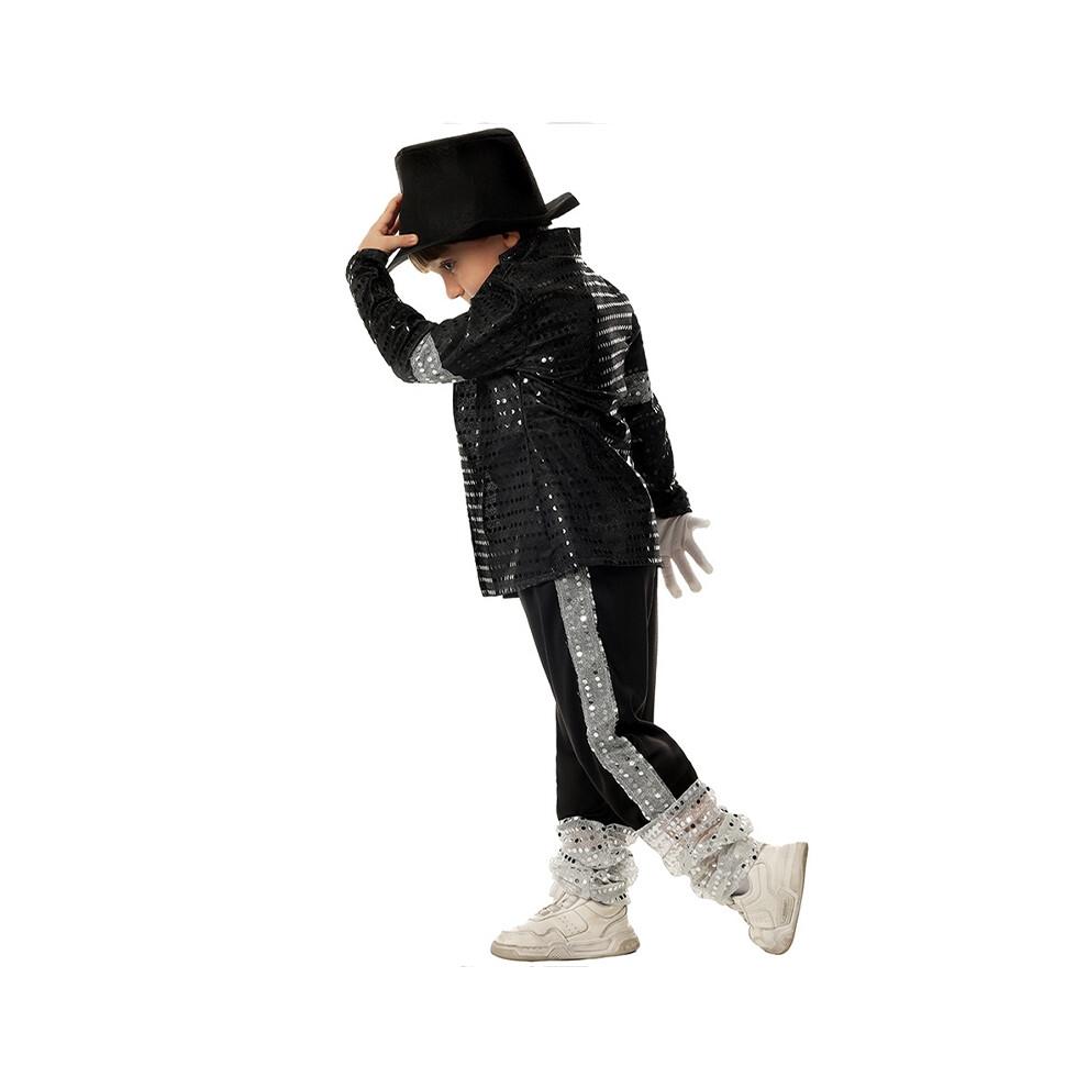 (Altura 115-125cm) Niño Michael Jackson Billie Jean Traje Negro Baile Disco Halloween Disfraz de Fiesta Rey del Pop de los 80 Disfraz para Niños