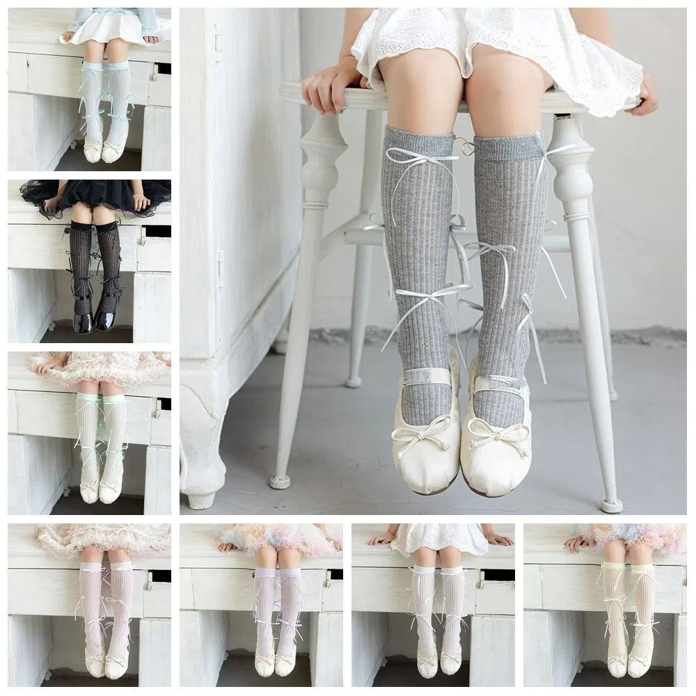 Ribbon Bow Balletcore Socks Solid Color Thin Stockings Comfortable Mid-Tube Hosiery  Women