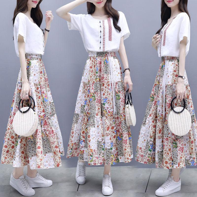 Skirt Suit Female Summer Suit Skirt Two-piece Round Neck Short-sleeved Shirt + A-line Skirt Sweet and Lovely Elegant Temperament
