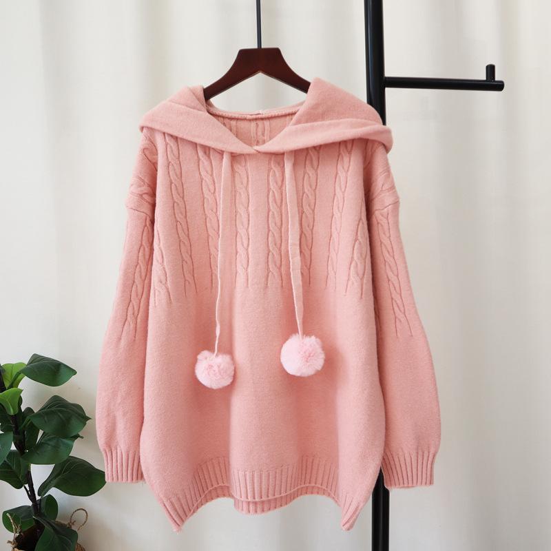 Hooded soft waxy knitted sweater top autumn and winter new loose milk fufu lazy wind sweater pullover woman