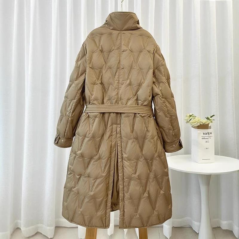 new stand-up collar light down jacket women's niche versatile pressure glue foreign style long knee waist diamond belt