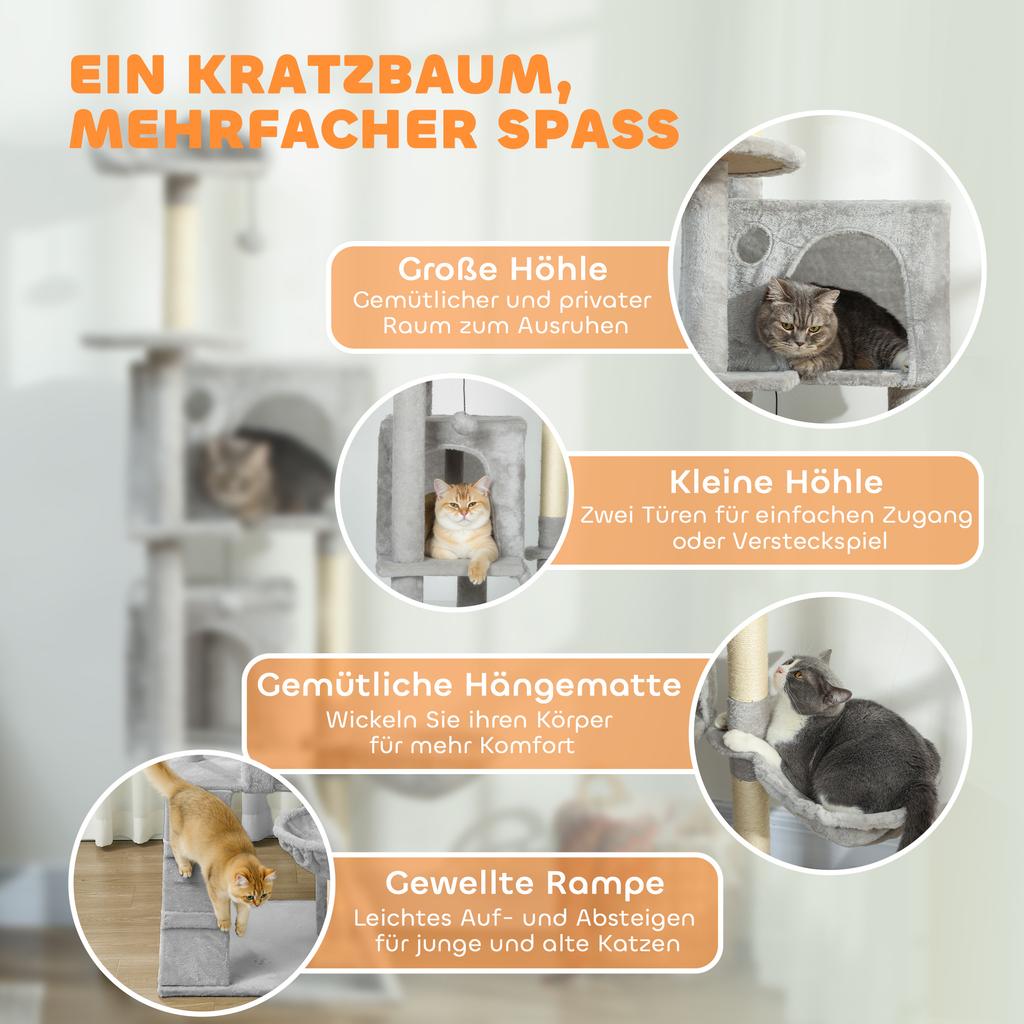 160 cm Cat Tree, Multiple Levels, Sisal Scratching Posts, Caves, Plush Platforms, Hammock, Ladder, Play Balls