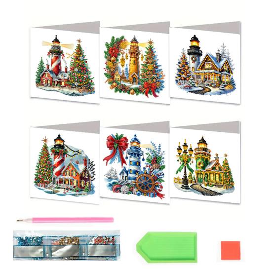6 Pcs DIY Rhinestone Art Painting Cards Christmas Greeting Card Making Kit with Envelopes 5D Snowman Cat Deer Rhinestone