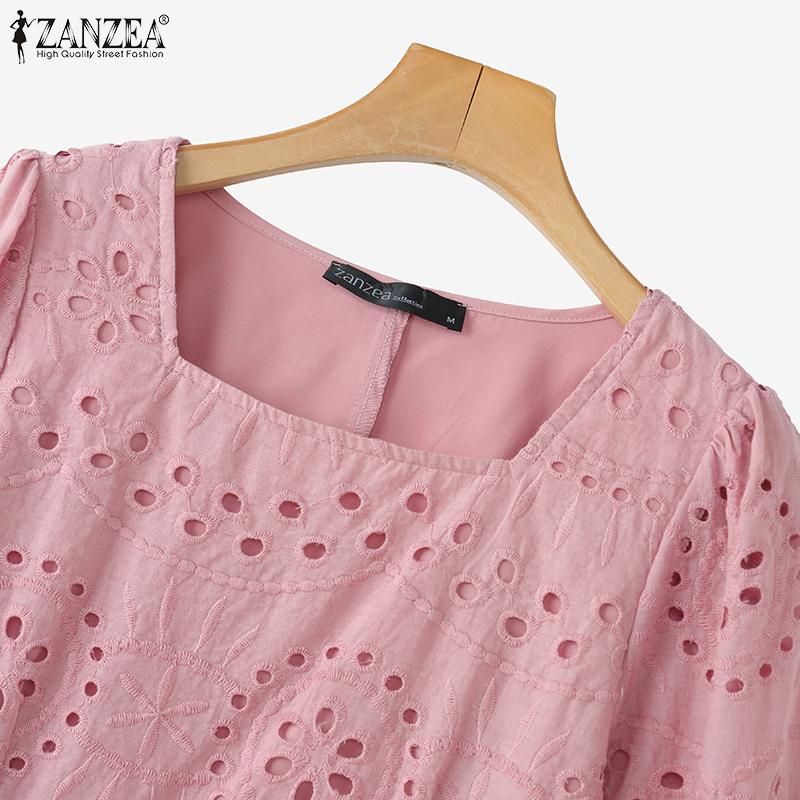 ZANZEA Women Casual Square Neck 3/4 Sleeve Loose Patchwork Lace Crochet Blouse