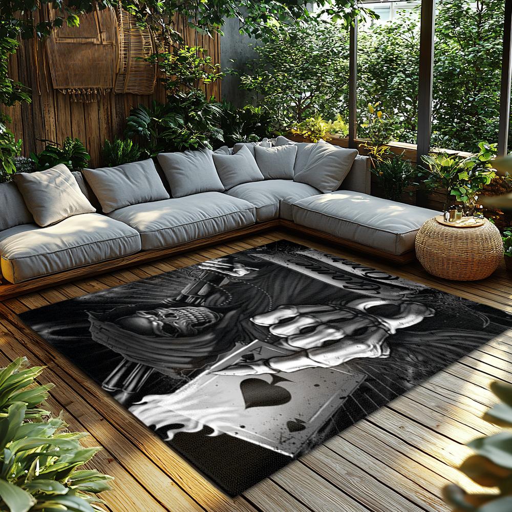 Gothic Game Over Rug, Skeleton Reaper Design Carpet for Living Room, Soft Non-Slip Mat with Dark Theme Decor
