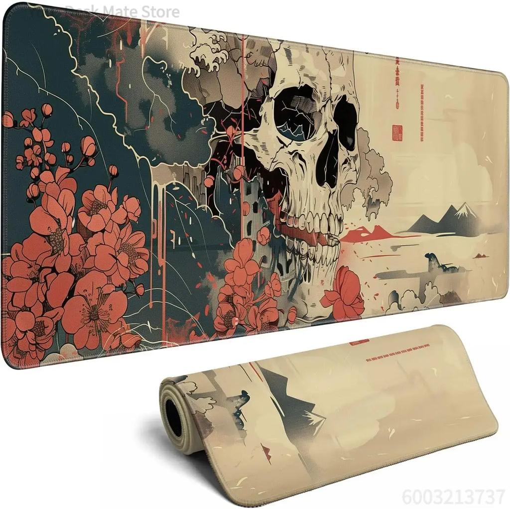 Vintage Japanese Skull Floral Large Mouse Pad Stitched Anti Slip Rubber Base Mat For Gaming Desk Office Pc Keyboard Desktop