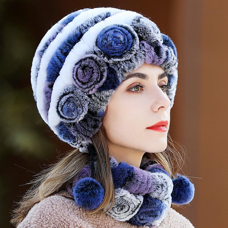 Hat Woman Winter New Rex Rabbit HairThickened and Warm Winter Versatile and Cute Fur Hat Scarf