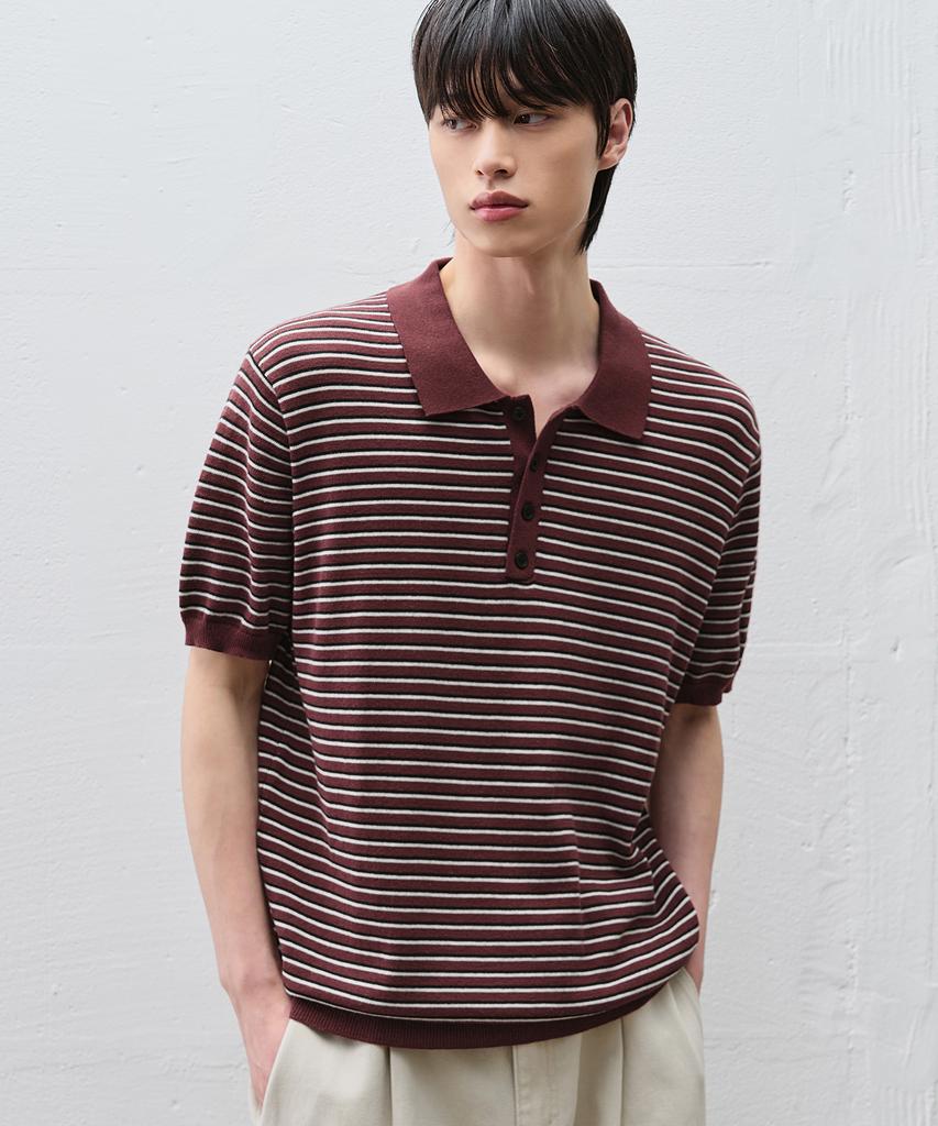 DRAW FIT Repose Striped Polo Knit [Burgundy]