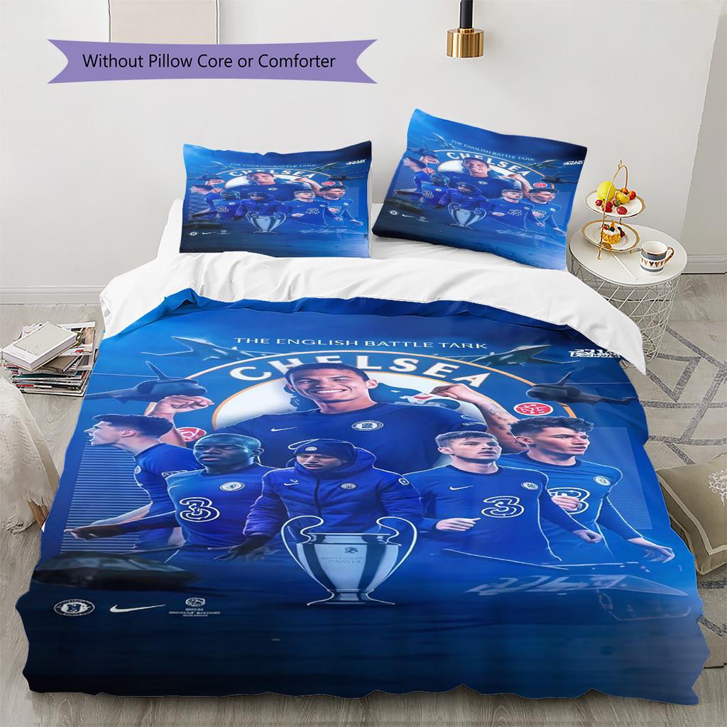 Chelsea FC Muster Bettwäsche Steppdecke Set Bettbezug Kissenbezug Heimdekoration Geburtstagsgeschenk (1 Bettbezug + 2 Kissenbezüge, ohne Füllung)