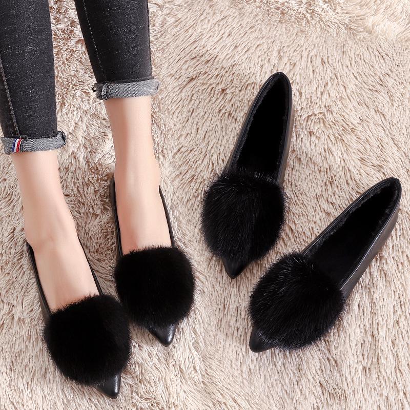 Damen 2025 Nerzfell Mokassins Loafer, Winter Samt Spitz Zehen Ballerinas, Große Größe 41