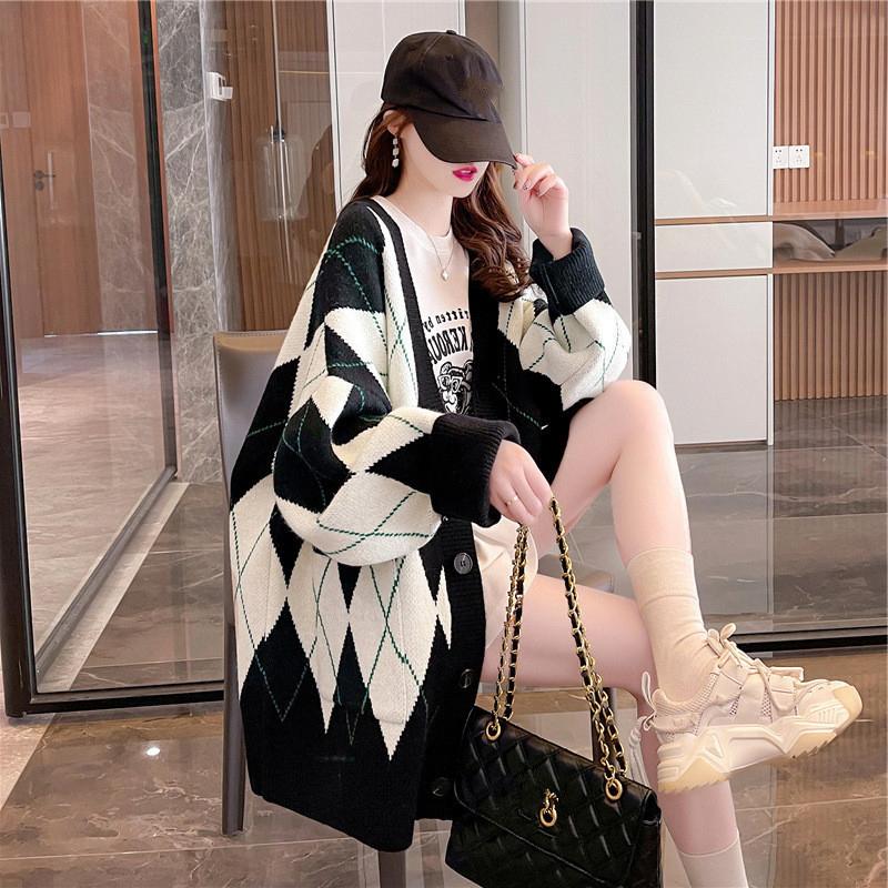 

Клетчатый вязаный кардиган с длинными рукавами и длинными рукавами, свитер, женская зимняя одежда, модные повседневные свободные свитера с v-образным вырезом One Size