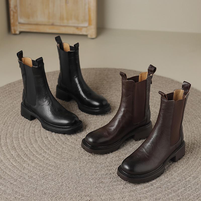 Krazing Pot Cow Leather Autumn Winter Shoes Round Toe Platform Plus Size Basic Clothing Thick Med Heels Slip On Chelsea Boots Women Ankle Boots