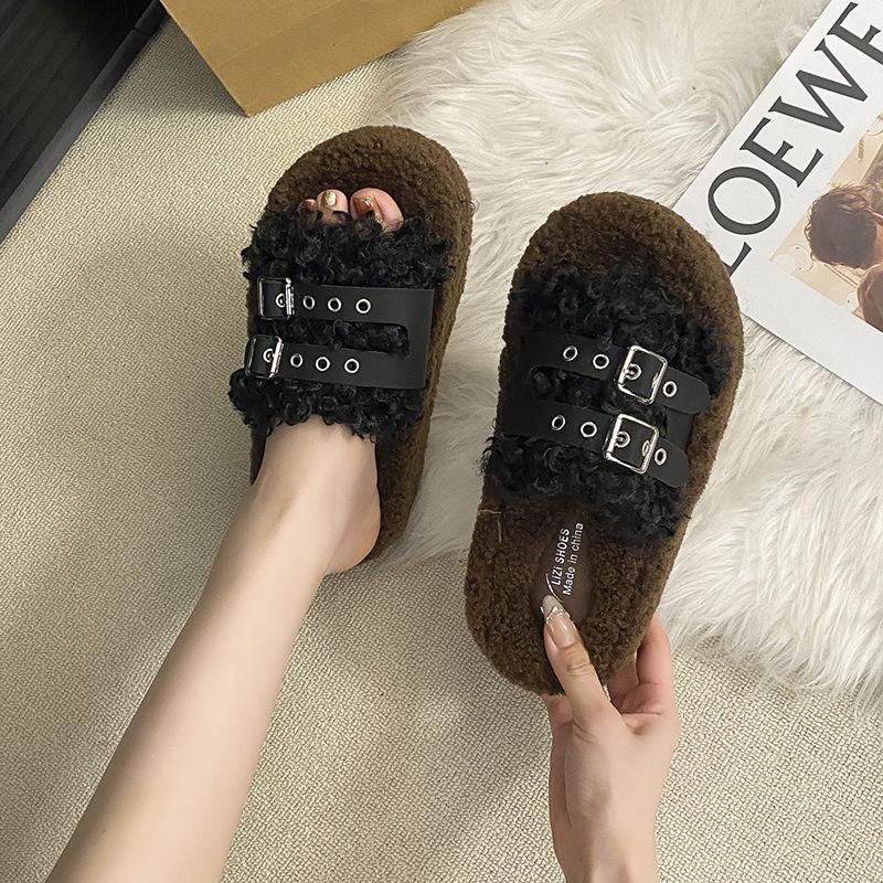 Thick bottom fluffy slippers women wear 2025 autumn and winter new high-end fashion belt buckle Internet celebrity non-slip cotton mop