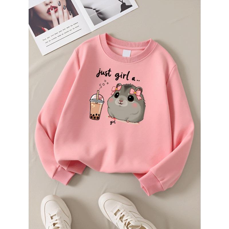 Girls' Long-Sleeve Casual Crewneck Sweatshirt | Just Girl A Hamster With Tea, Perfect For Outdoor Sports And Everyday