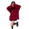 Women's Cherry Red Loose Knit Sweater - Retro Long Sleeve Pullover for Autumn/Winter