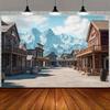 1pc Western Town Theme Background with Wooden Bar  Rural Bucket  and Snow Mountain