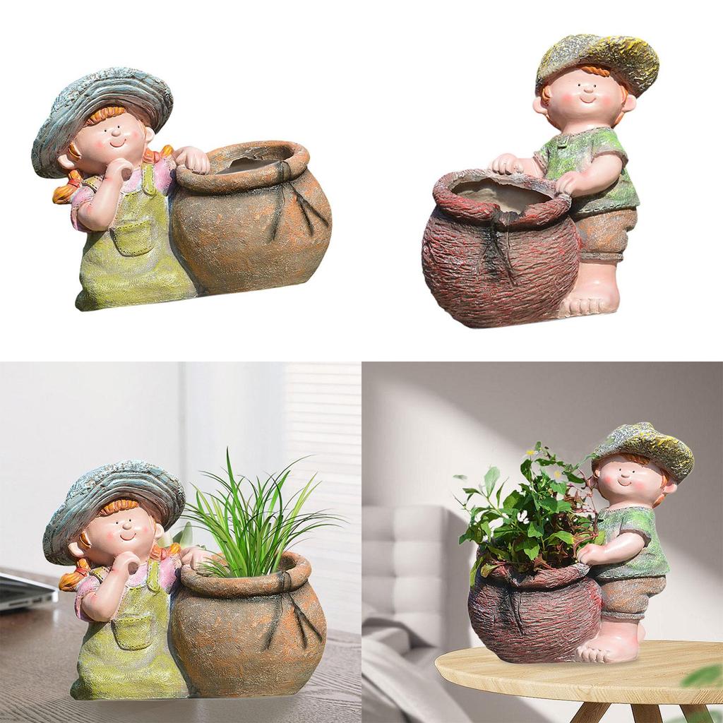 Flower Pot Statue Cute Creative Resin Plant Pot Decorative Figurine Desktop Ornament for Table Office Bookshelf Windowsill Patio