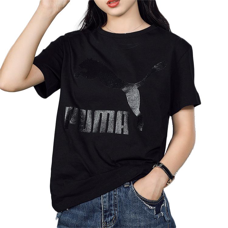 Puma Classic Logo Print Round Neck Short Sleeve T-Shirt Women Tops Black 530005-51