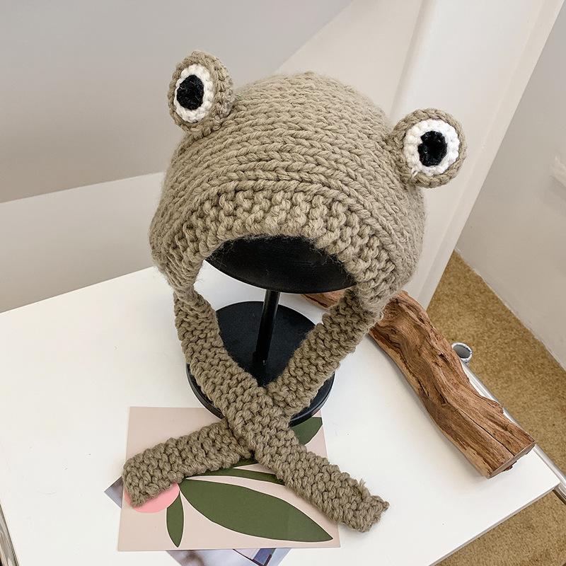 Frog Knitted Wool Hat for Women In Autumn and Winter Versatile Cute Korean Style Headdress Winter Headgear Cuckold Trendy Ear Cup