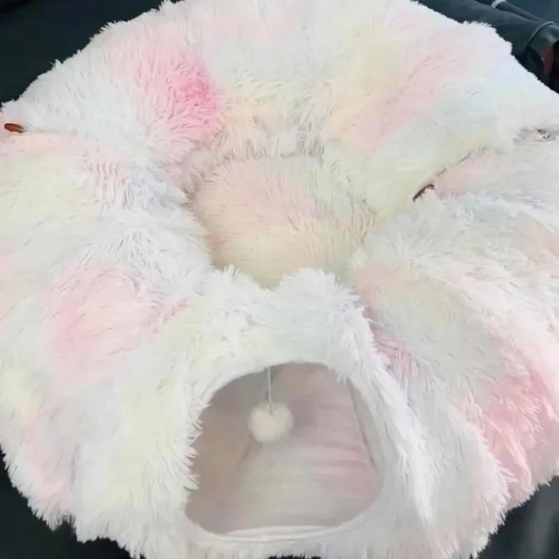 Indoor Plush Cat Bed With Tunnel For Cats Multifunctional Cat Tunnel Bed With Peephole Fluffy Donut Cat Bed With Tunnel