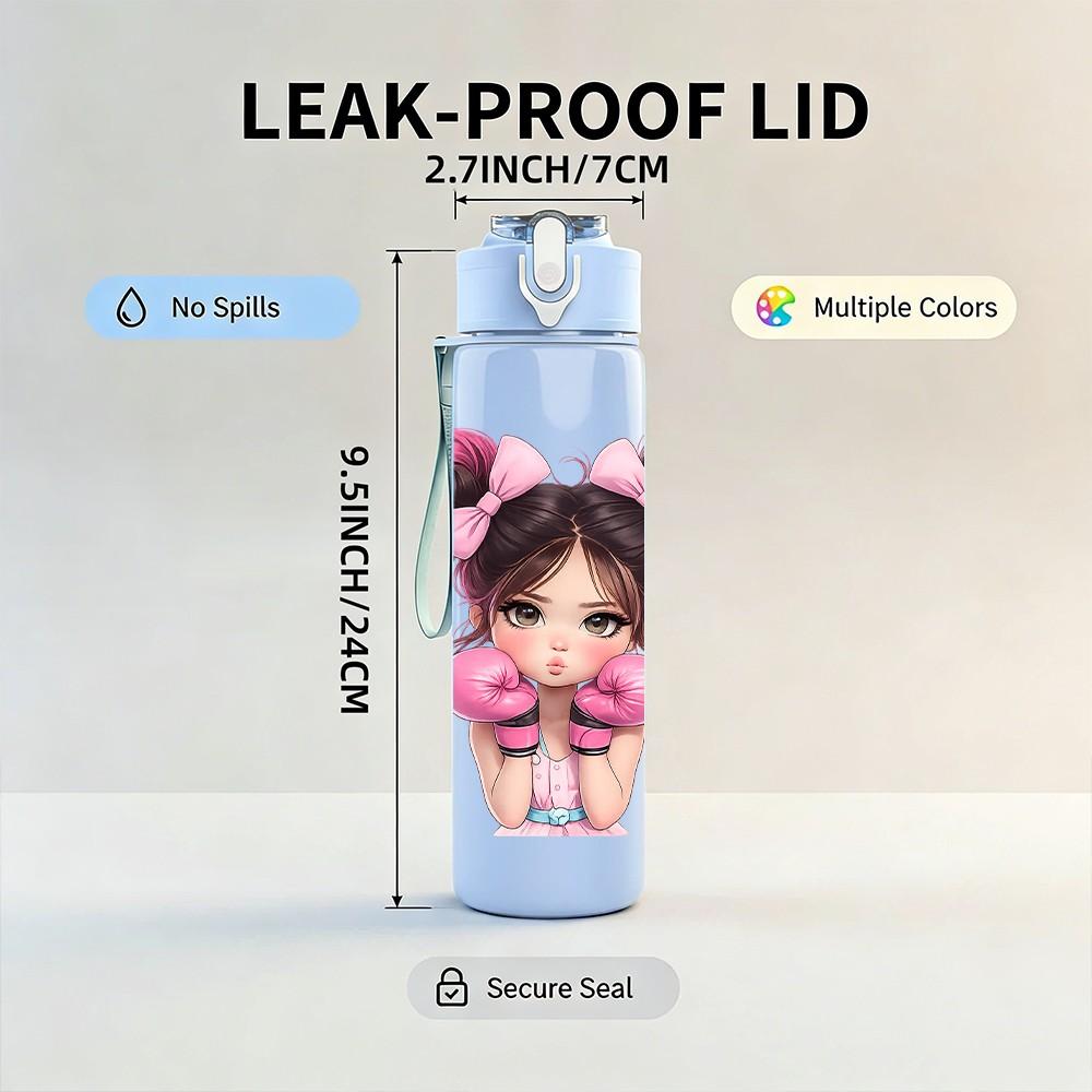 1PC Cute Girl Two Ponytails Portrait Print 750ml Color Plastic Sports Water Bottle Leakproof Flip Straw Lid Suitable for Sports Office Home Use