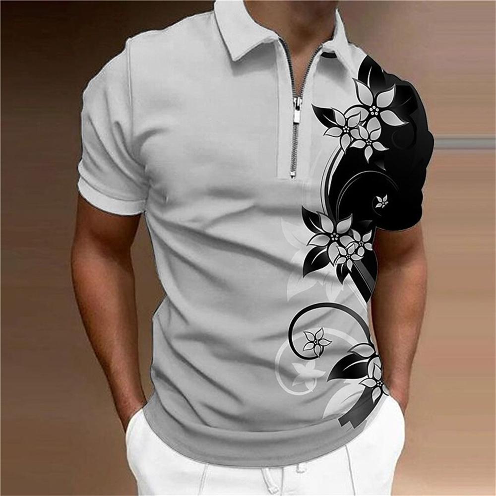 Fashion Zipper Polo Shirt For Men Floral Printed Daily Casual Short Sleeved Loose Oversized Shirt High Quality Men'S Clothing