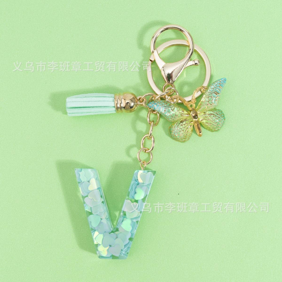

Green Heart Sequined Letter Keychain, English Letter Name Pendant, Bag Charm One Size