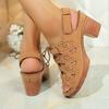 Roman Sandals Summer New Round Toe Open Toe Cutout Front Lace-Up Car Stitch Non-Slip Block Heel Shoes