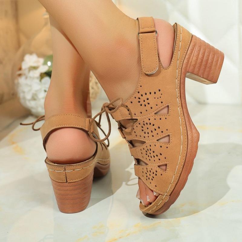 Roman Sandals Summer New Round Toe Open Toe Cutout Front Lace-Up Car Stitch Non-Slip Block Heel Shoes