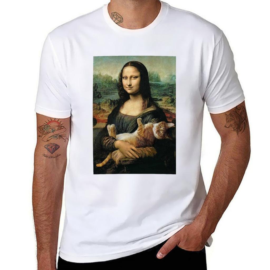 Mona Lisa Holding a Cat TShirt Work Wear Breathable Tee