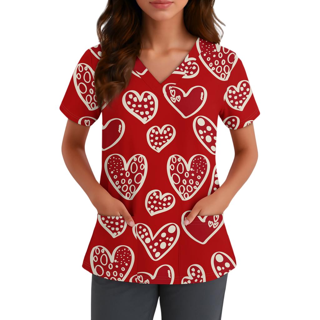 Damen Niedlich Schleife Bedruckt Arbeitskleidung V-Ausschnitt Doppellagig Taschen Basic Kurzarm Oberteil Pullover