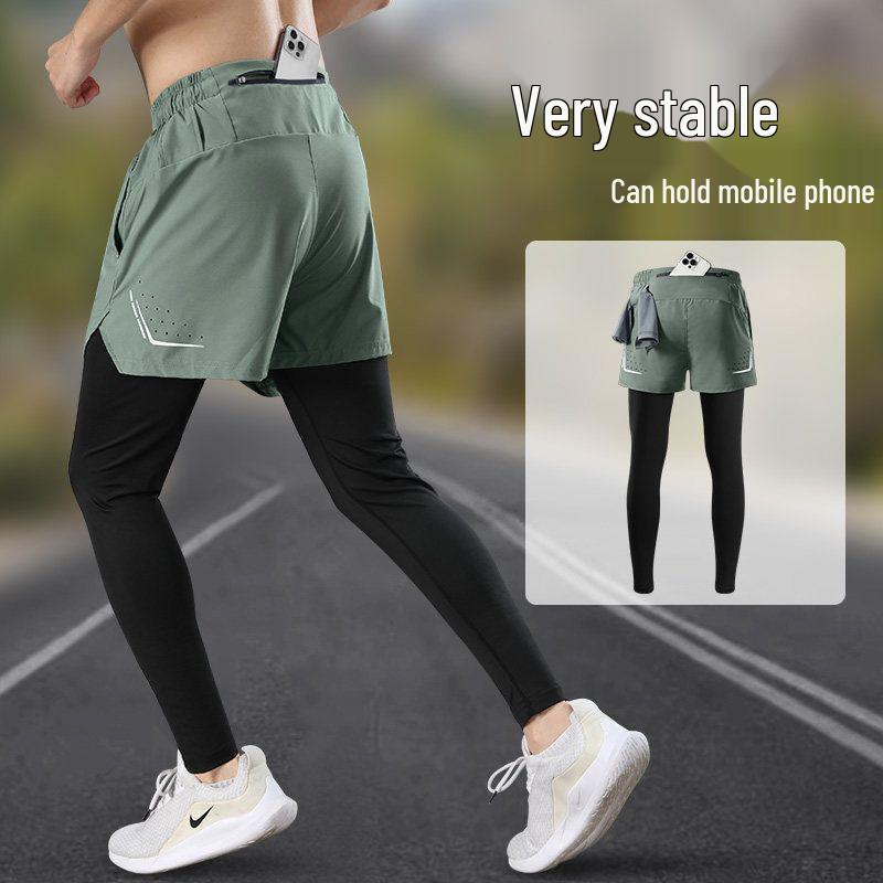 

Men s Fake Two-Piece Quick-Dry Running Pants with Phone Pocket, High Elasticity, Tight Fit, for Fitness and Marathon Training. L (100-120 jin)