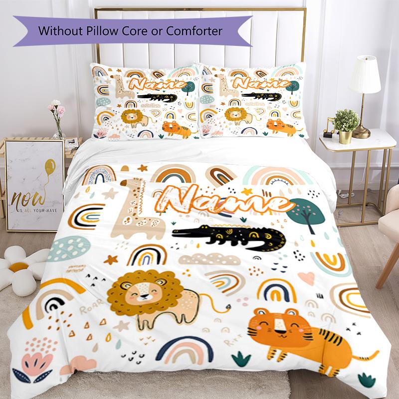3pcs Custom Name Animals Bedding Set Duvet Cover Closure Includes 1 Duvet Cover & 2 Pillowcases, Soft and Comfortable for All Seasons.