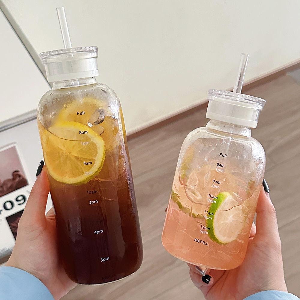 550-750ml Large Capacity Glass Water Bottle With Time Marker Transparent Juice Milk Glass Cup With Lid And Straw Drinking Bottle