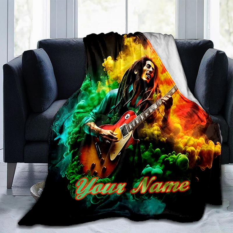 1PC Custom Name Rasta Music Legend flannel blanket versatile,all-season throw suitable for the living room,bedroom,camping,travel,and gift