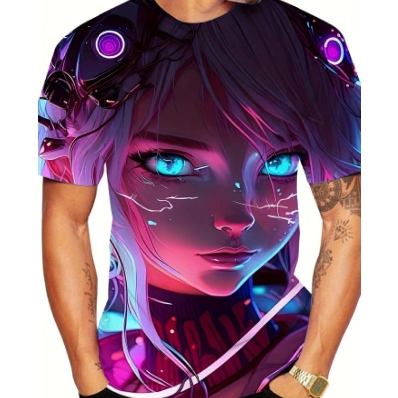 Men's Anime Print T-Shirt - Anime Character Print Crew Neck Short Sleeve Shirt, Machine Washable, Suitable for Anime Apparel and Party Outfits