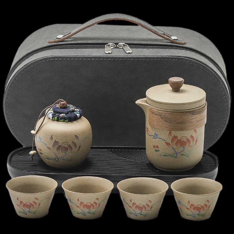 Zhishi Rustic Ceramic Travel Tea Set - Lotus Rhyme