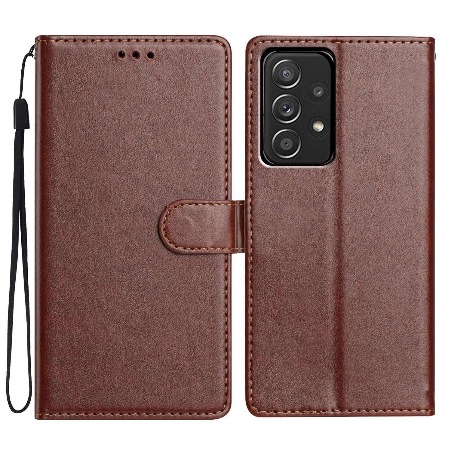 

For Samsung Galaxy A73 5G Leather Phone Case Wallet Stand Cover with Handy Strap Brown