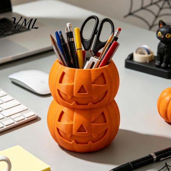 Unique Desk Organizer 3D Printed Double Pumpkin Pen Holder, Stacked Desktop Organizer, Stationery Halloween Storage Container for Pencils Markers And