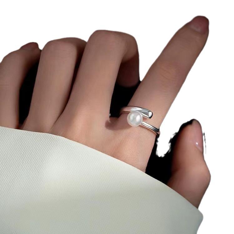 925 Sølvbelagt Perle Åpen Ring - Elegant Luksus for Kvinner