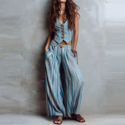 Conjunto de Colete Casual com Listras Verticais e Calças de Perna Larga